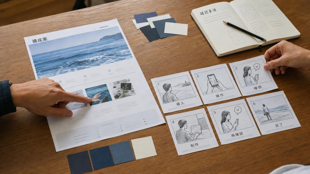 机に広げた構成案と絵コンテを照合する、架空の制作場面。