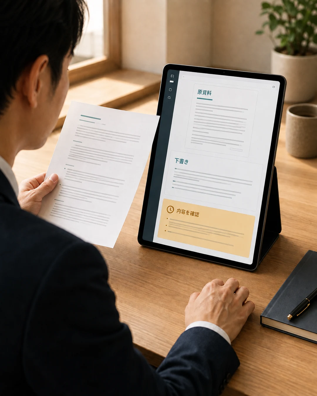 紙の原資料とタブレットのAI下書き・確認待ち表示を照合する架空の操作例